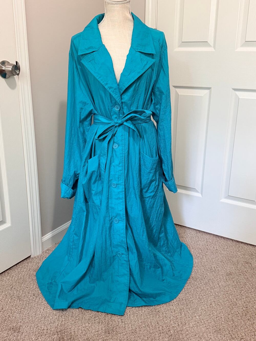 Vintage 90s Teal Nylon Duster Trench Coat Women’s Plus 1X Belted Lightweight